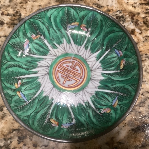 Vintage Japanese Porcelain Pewter Bowl Hong Kong Dragonfly